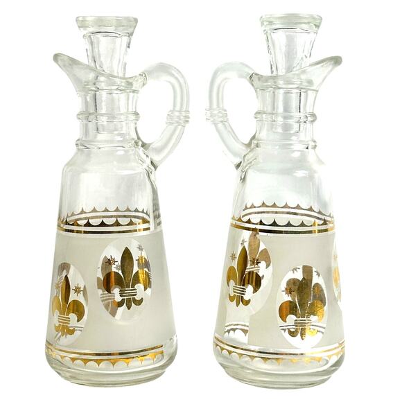 Anchor Hocking Starlyte Clear Gold Fleur de Lis Vintage Oil & Vinegar Cruet Set - Picture 3 of 7